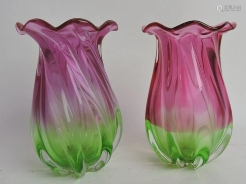 Pair of cranberry to green art glass