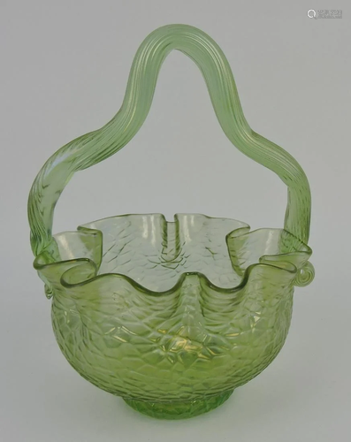 Green iridescent art glass basket, 6 1/2