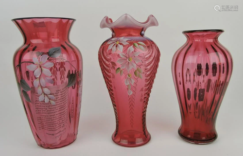 Fenton cranberry lot of 3 vases, 10 to 11