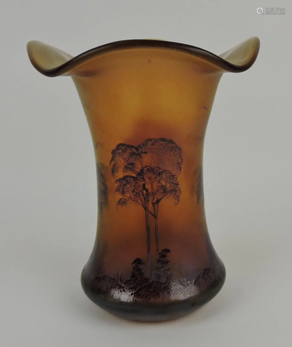 Iridescent art glass vase with landscape