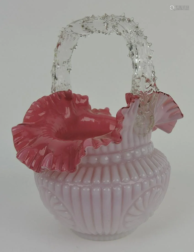 Cranberry/white cased art glass basket