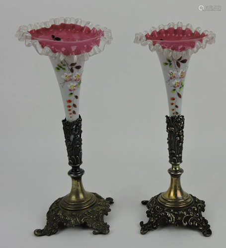 Pair of floral enameled epergne vases, 10