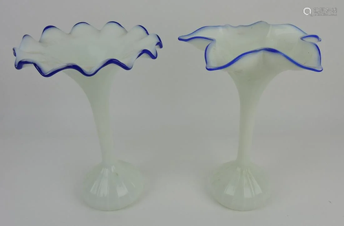 Lot of 2 white art glass vases with