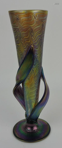 Iridescent studio art glass vase, signed,