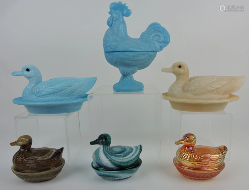 Lot of 6 covered dishes: 5 ducks, 1 rooster