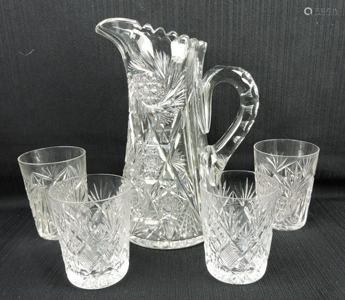 Cut glass pitcher and 4 tumblers