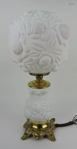 Fenton GWTW lamp, rose motif, cased