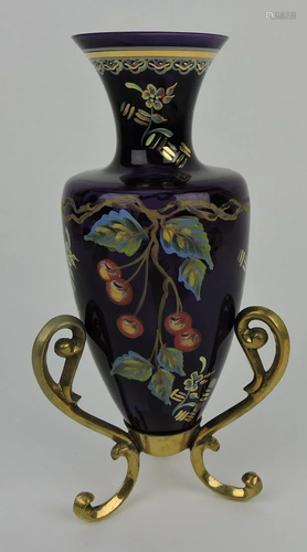 Fenton amethyst vase with brass stand,