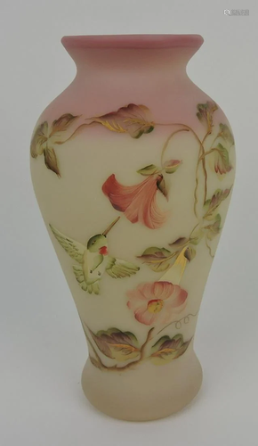 Fenton burmese hummingbird vase, 9 1/2