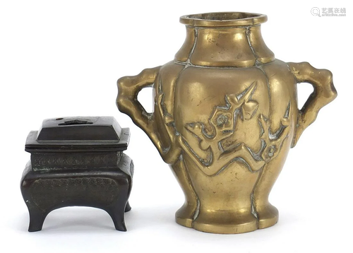 Chinese patinated bronze vase and four footed censer,