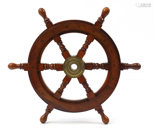 Hardwood ship's wheel with brass mounts, 46cm in