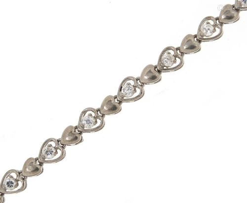 Silver cubic zirconia love heart bracelet, 16cm in