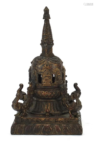 Chino Tibetan gilt bronze stupa, 22.5cm high