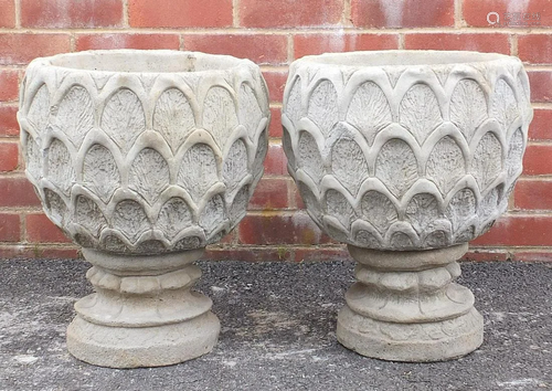 Pair of stoneware garden pinecone design planters, 49cm