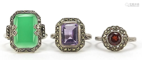 Three silver marcasite and semi precious stone rings,