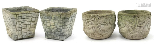 Two pairs of stoneware garden planters, the largest