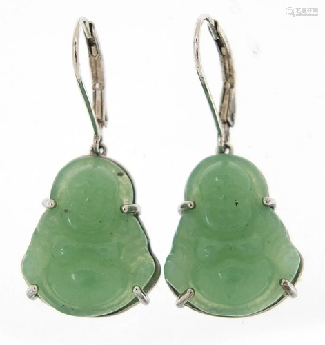 Pair of Chinese silver and jade earrings carved with