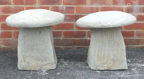 Pair of stoneware garden toadstool seats, 42cm high x