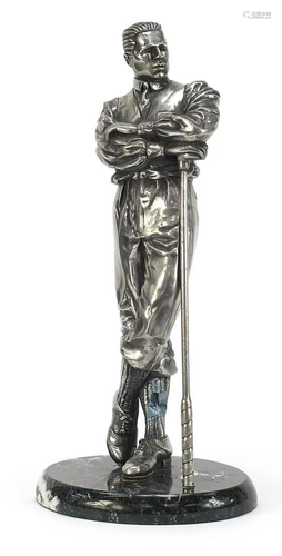 Silvered model of a gentleman and snooker cue raised on