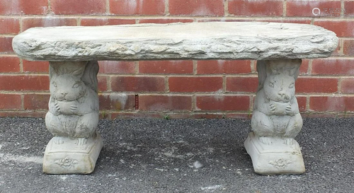 Stoneware garden bench with squirrel supports and