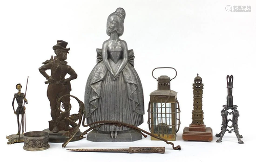 Metalware including bronzed figure of Sam Weller,