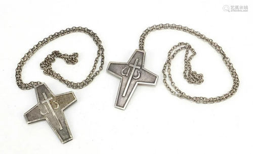 Two silver Catholic heraldic motto cross pendants