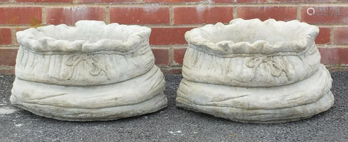 Pair of stoneware garden sack design planters, 25cm