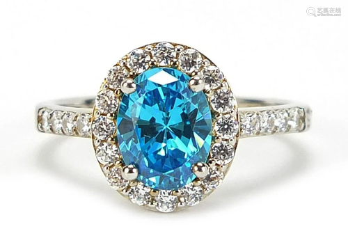 Silver, blue stone and cubic zirconia ring, size Q,