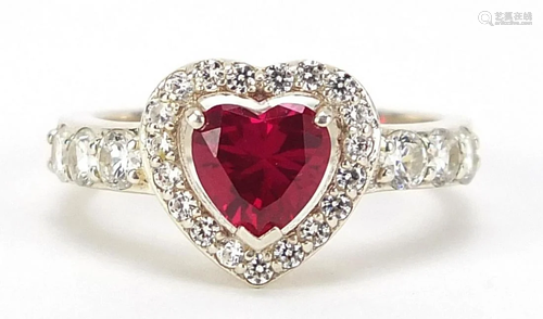 Silver, pink stone and cubic zirconia love heart ring,