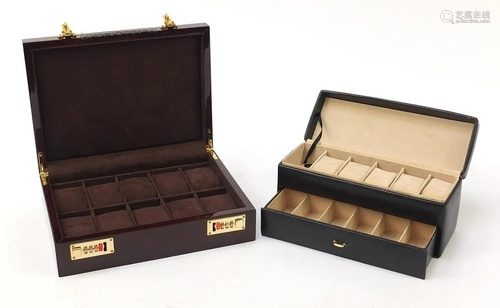 Two watch boxes comprising one leather and one with