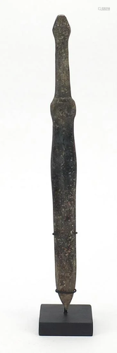 Chinese/Islamic patinated bronze short sword on display