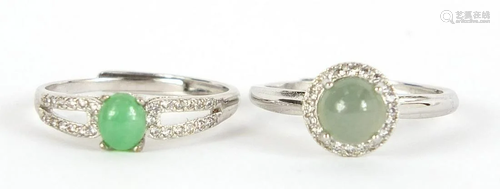 Two Chinese jade and clear stone rings, sizes O and P,