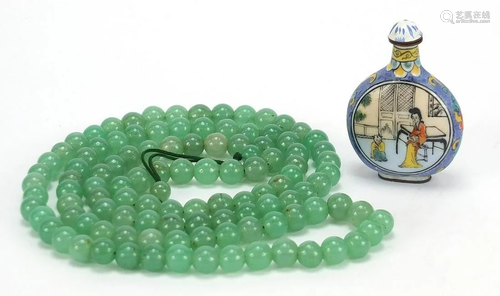 Chinese green jade bead necklace and Canton enamel