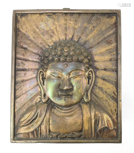 Chino Tibetan patinated bronze plaque of Buddha, 39cm x