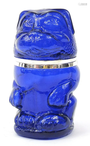 Novelty blue glass biscuit barrel in the form of a dog