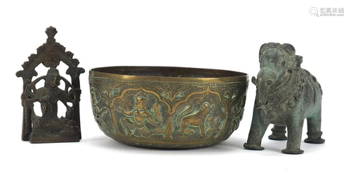 Indian metalware including a brass bowl embossed with