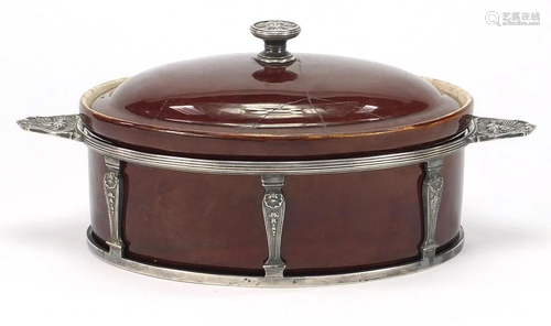 Treacle glazed lidded tureen with silver plated mounts