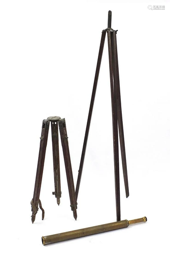 Victorian telescope and two mahogany tripod bases, the