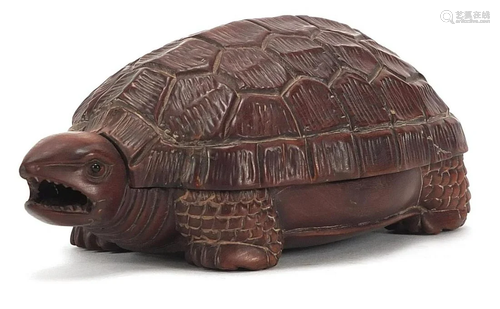 Japanese carved wood tortoise box and cover with inset