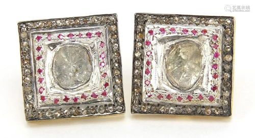 Pair of Indian silver gilt diamond and ruby earrings,