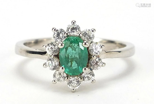 Silver, emerald and cubic zirconia ring, size T, 3.2g