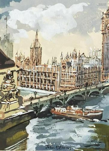 John Emms - Westminster Palace London, watercolour,