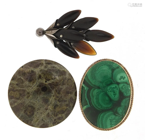 Three antique and later brooches including malachite