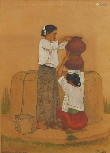 Woman at a well, Asian school mixed media and