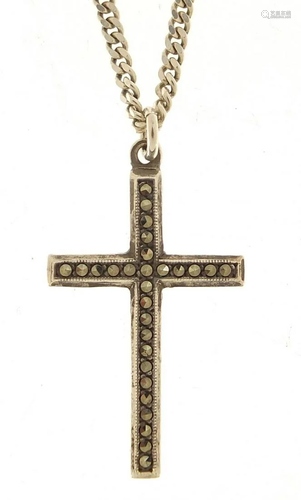 Silver marcasite cross pendant on a silver necklace,