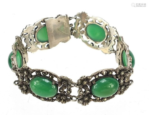 Silver marcasite cabochon green stone bracelet, 18cm in