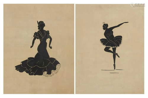 Ballerina and Flamenco dancer, pair of silhouettes on