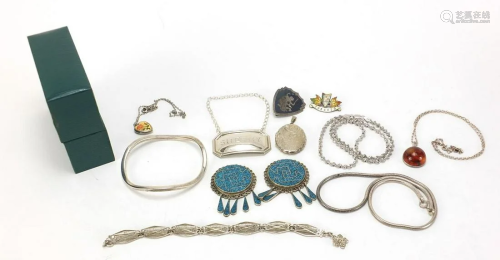 Silver jewellery including Mexican earrings, amber