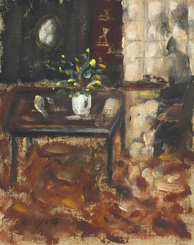 Figure by a window, interior scene, oil on canvas