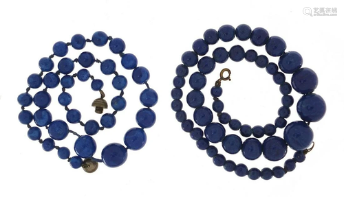 Two lapis lazuli graduated bead necklaces, 42cm in